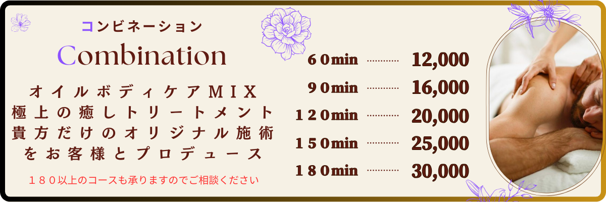 出張メンズエステ出張マッサージメベル東京のコンビネーション料金表オイルとボディケアのMIXトリートメント オリジナルトータル施術をお客様とプロデュース